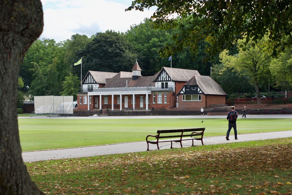 2GN9FH3 Cricket Pavilion at Queens Park, Queen's Park is a county cricket ground in Chesterfield, Derbyshire. Photo captured in September 2021