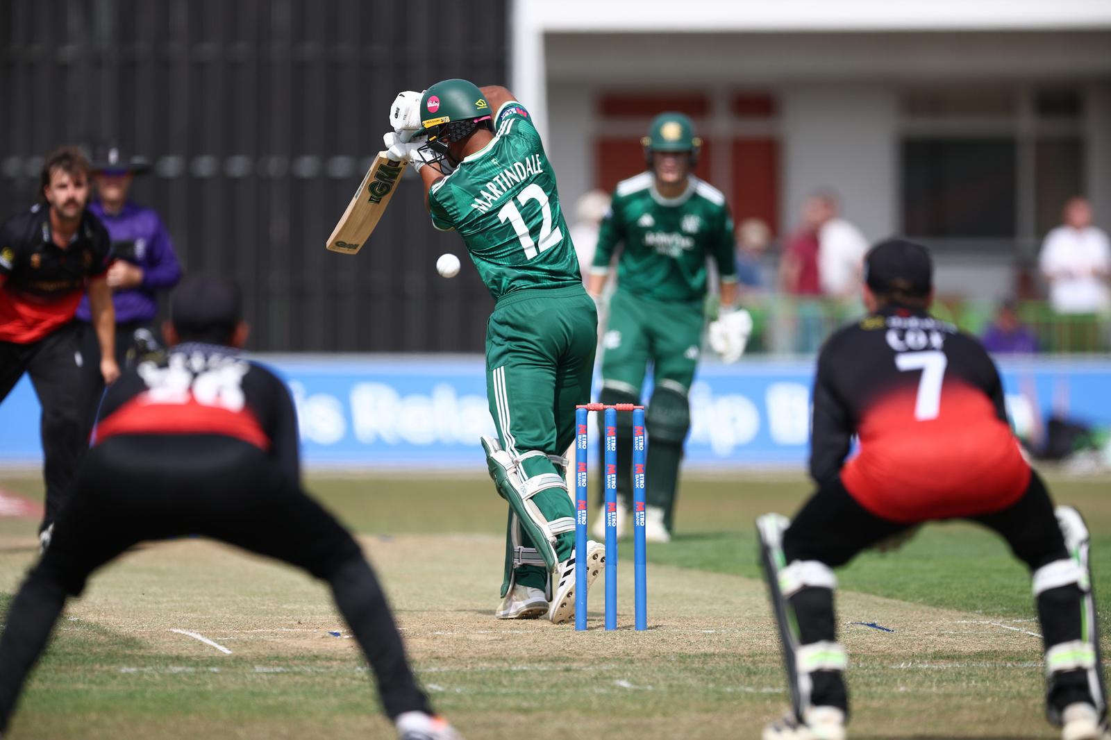 Notts Outlaws Ben Martindale is beaten by a ball from Leicestershire Foxes Ben Green during the Metro Bank 1 Day Cup Semi Final match between Leicestershire Foxes and Notts Outlaws at  Uptonsteel Grace Rd, Leicester, UK on 16 August 2026.